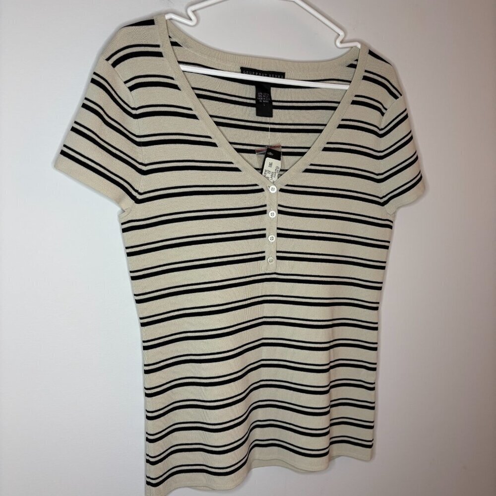 GEOFFREY BEENE NEW Knit Short Sleeve V-Neck Top Womens L Tan Black - Picture 2 of 6